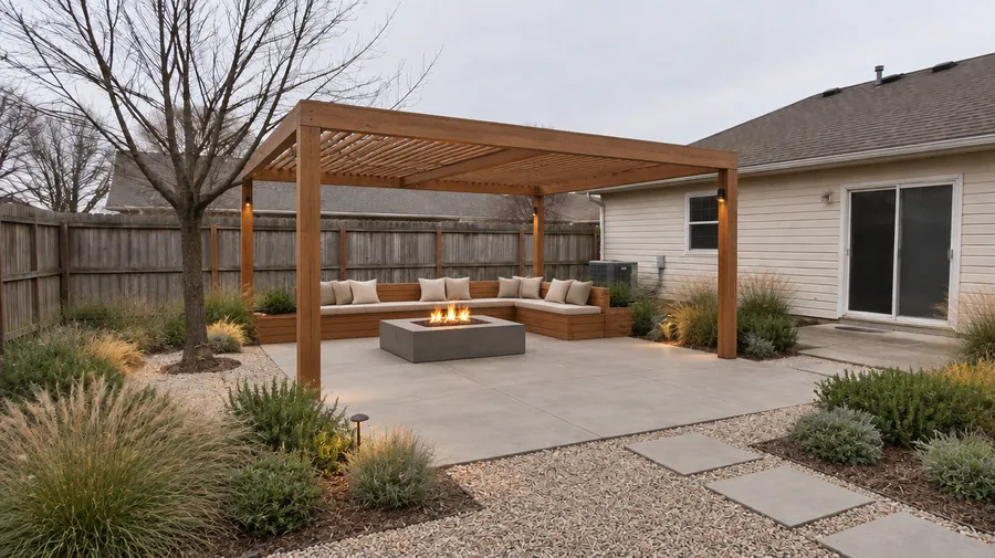Same backyard after redesign, with a concrete patio, timber pergola, fire pit and grasses