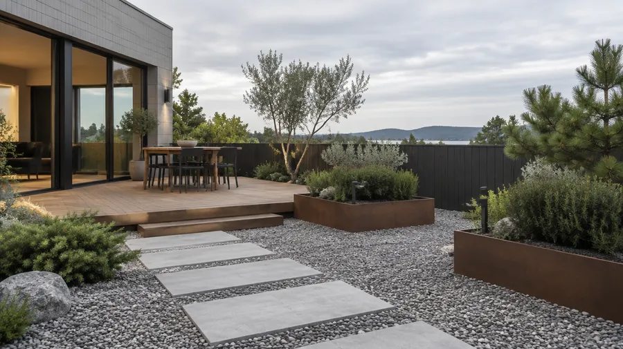 Low-maintenance backyard with gravel, stepping stones, steel planters and a timber deck