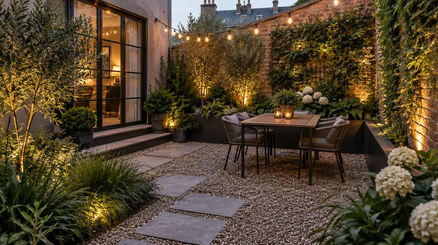 Small urban garden with a brick wall, vertical planting, dining area and string lights