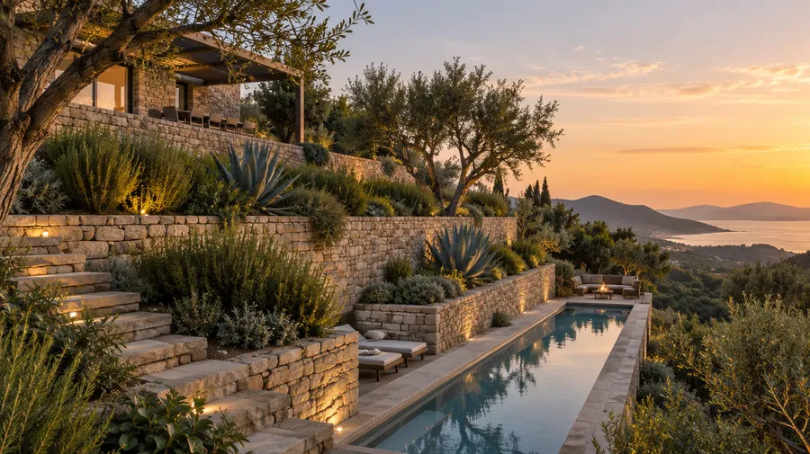 Terraced hillside garden with stone retaining walls, planting pockets and a lap pool