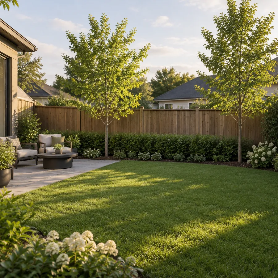 Backyard with a lawn, small paved seating corner, two young trees and a low hedge