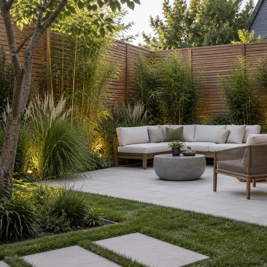 Backyard with a tall slatted timber privacy screen, bamboo, grasses and lounge seating