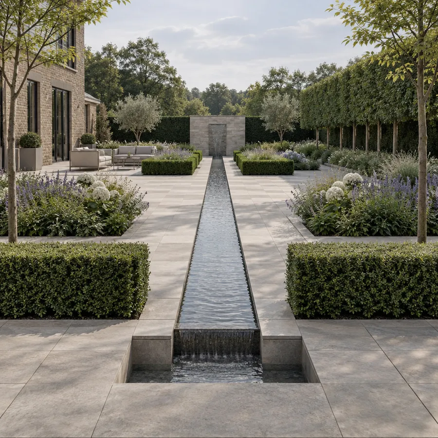 Garden concept with geometric planting beds, a linear water rill and clipped hedges