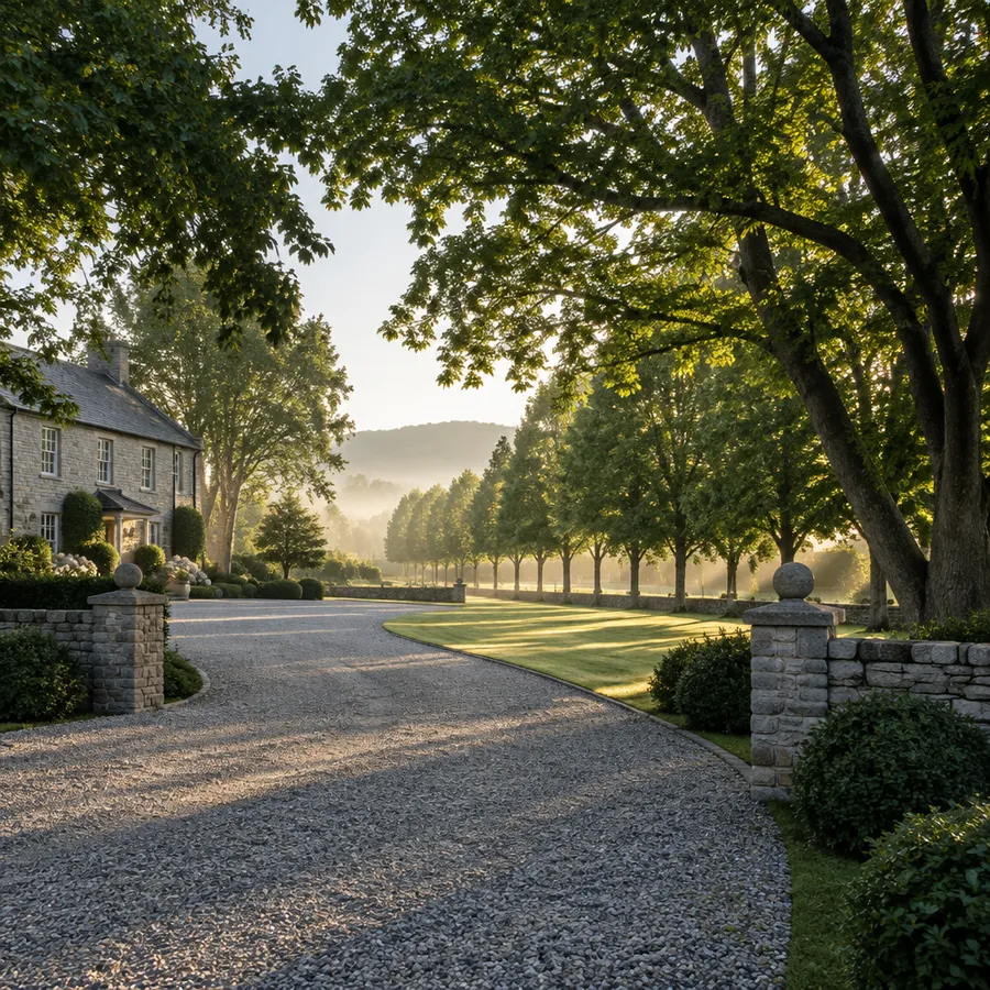 Larger property with a gravel driveway, mature trees, lawn and low stone walls
