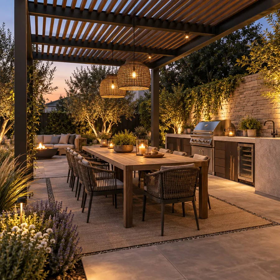 Backyard set for entertaining, with a long dining table under a slatted pergola