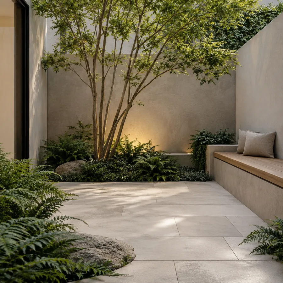 Small courtyard garden with rendered walls, a multi-stem tree, bench and ferns