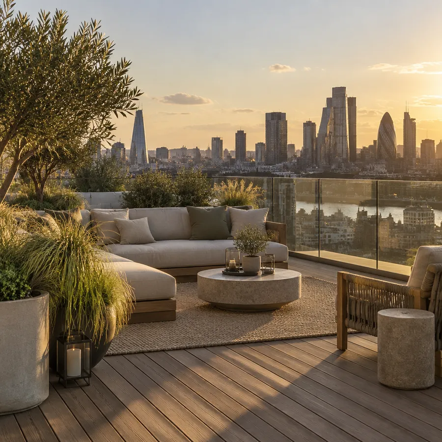 Rooftop terrace with timber decking, planters, lounge seating and a city skyline