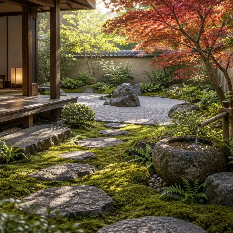 Japanese-inspired garden with moss, a maple, stone water basin and raked gravel