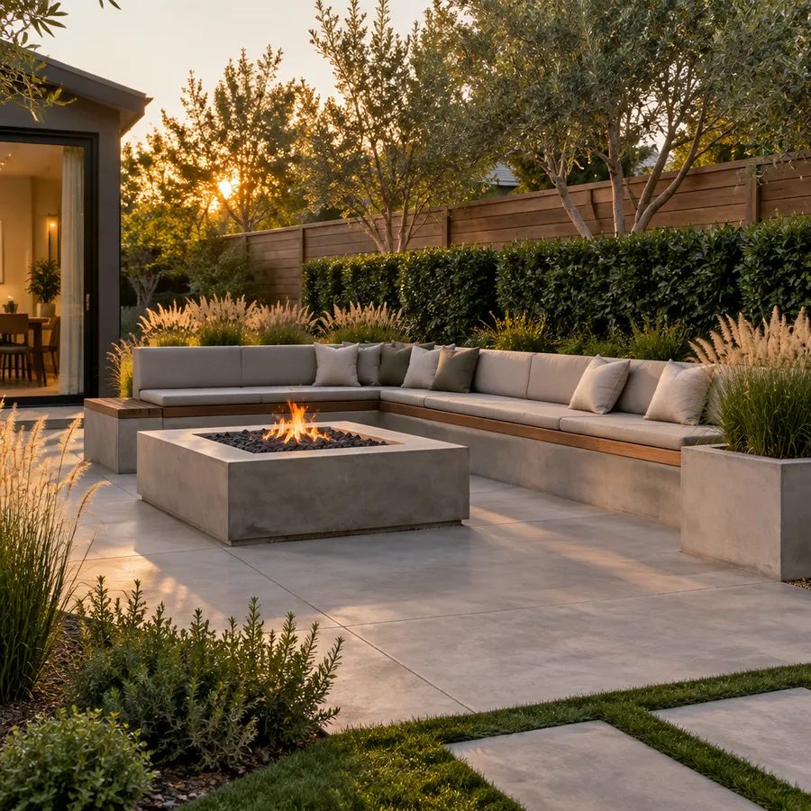 Modern backyard with a concrete patio, built-in bench, fire pit and ornamental grasses
