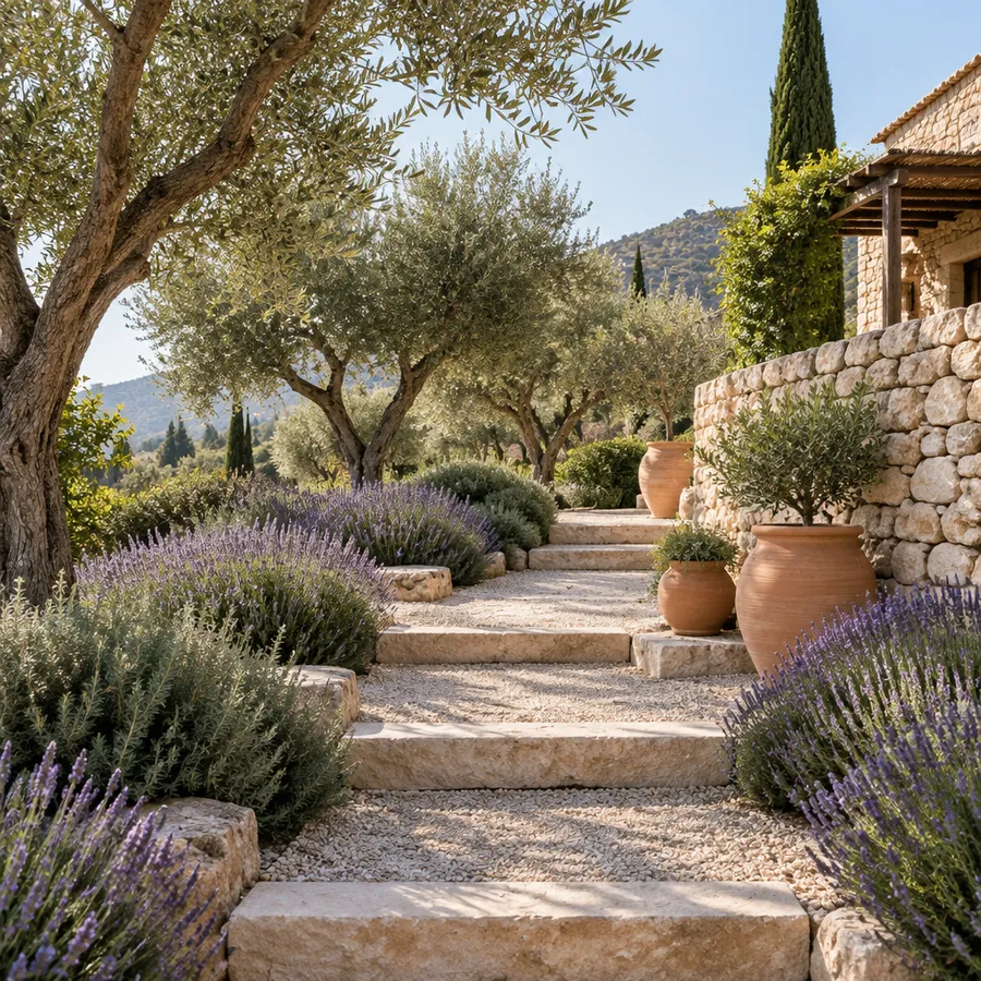Mediterranean garden with olive trees, lavender borders and a limestone pathway