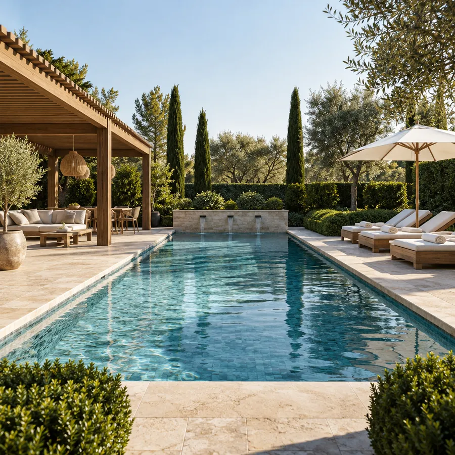 Pool area with a rectangular pool, stone coping, timber pergola and sun loungers