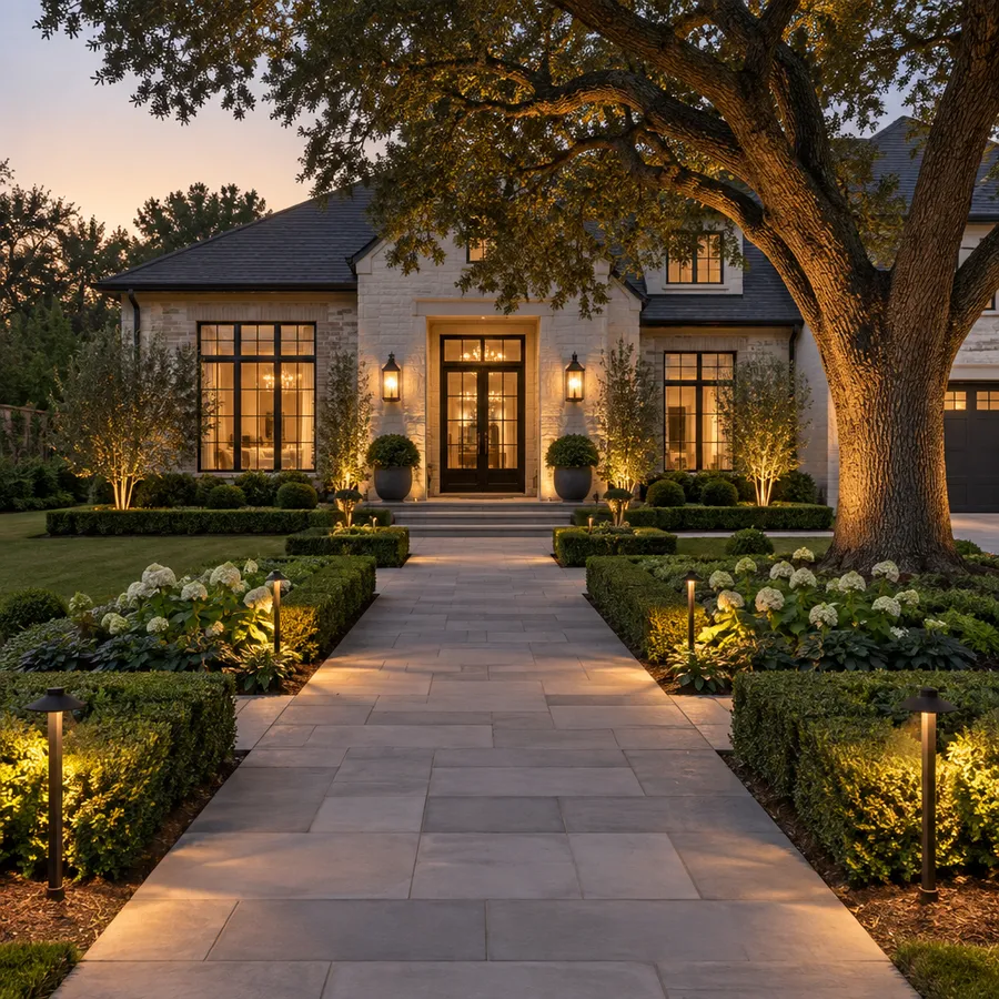 Front yard with a paver entry path, symmetrical planting beds and a mature oak
