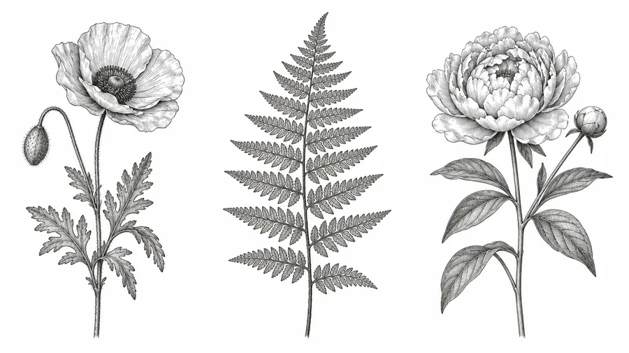 Black ink drawings of a poppy, a fern frond and a peony arranged in a row on white