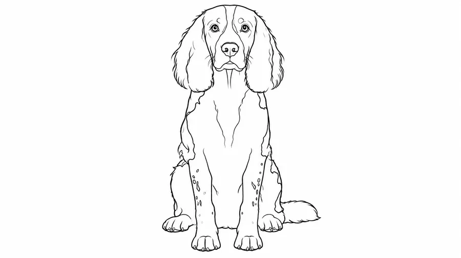 Black outline drawing of a seated spaniel with long floppy ears and outlined facial patches on white