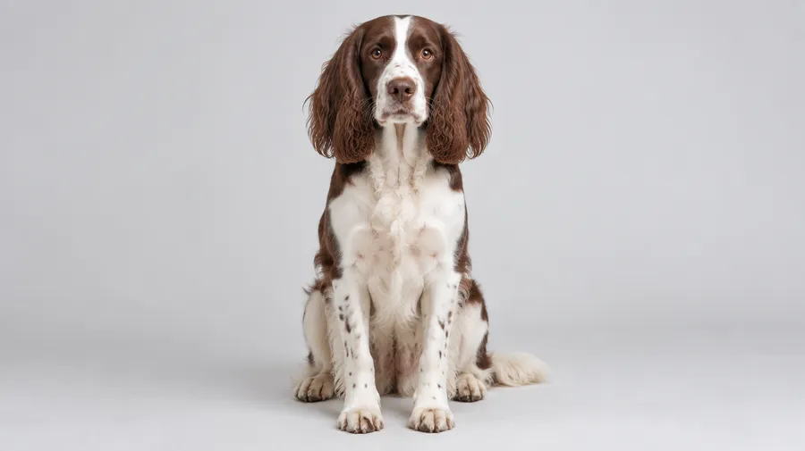 A brown-and-white spaniel sitting on a gray studio floor with long floppy ears
