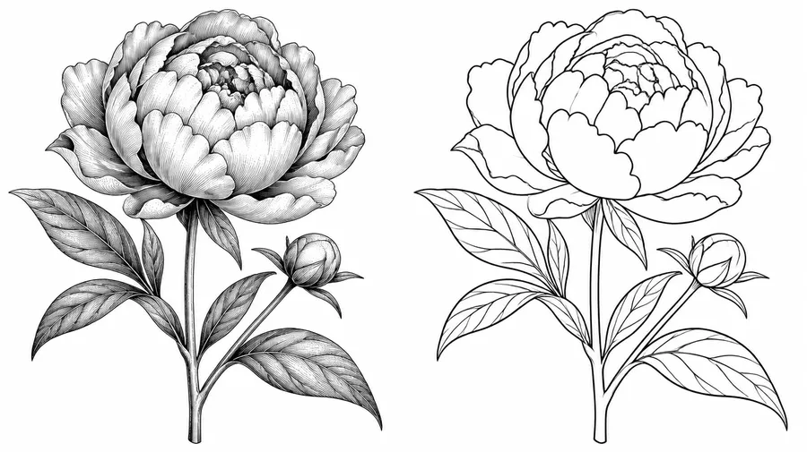 Two peony drawings side by side: dense hatched shading on the left and open outlines on the right