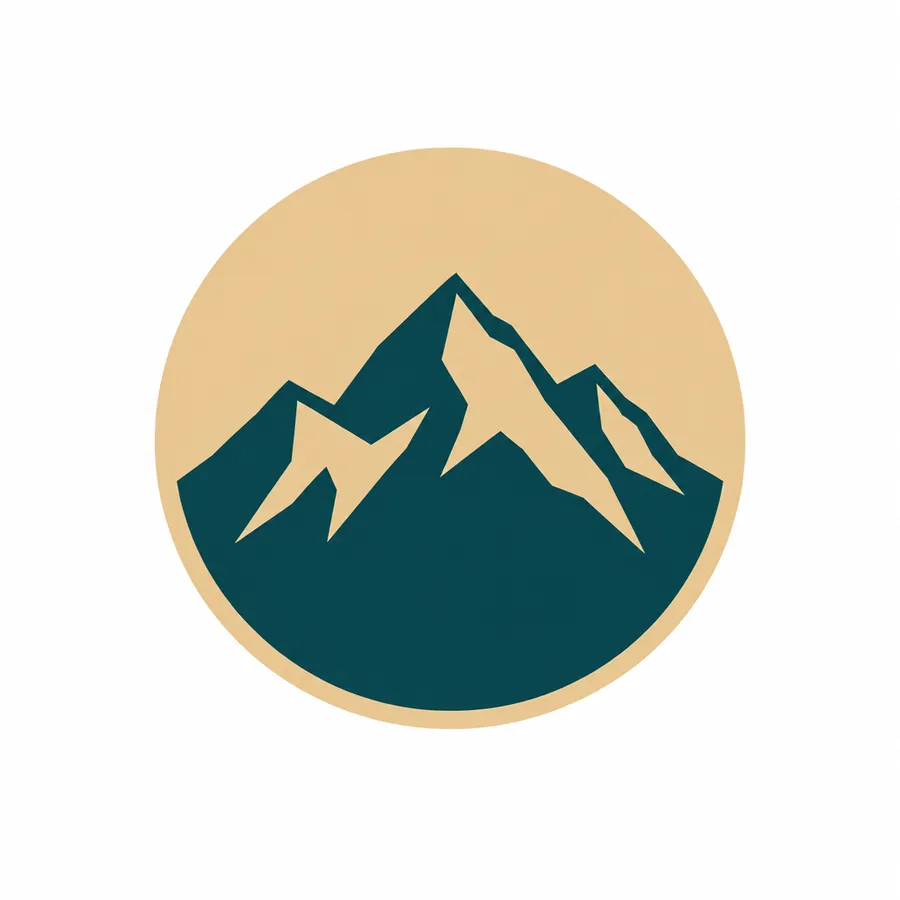 Flat logo mark of a mountain inside a circle isolated on a plain white background