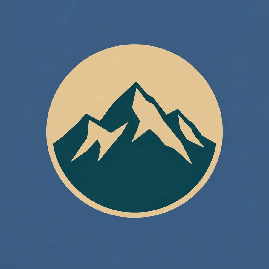 Flat logo mark of a mountain inside a circle on a solid slate-blue background
