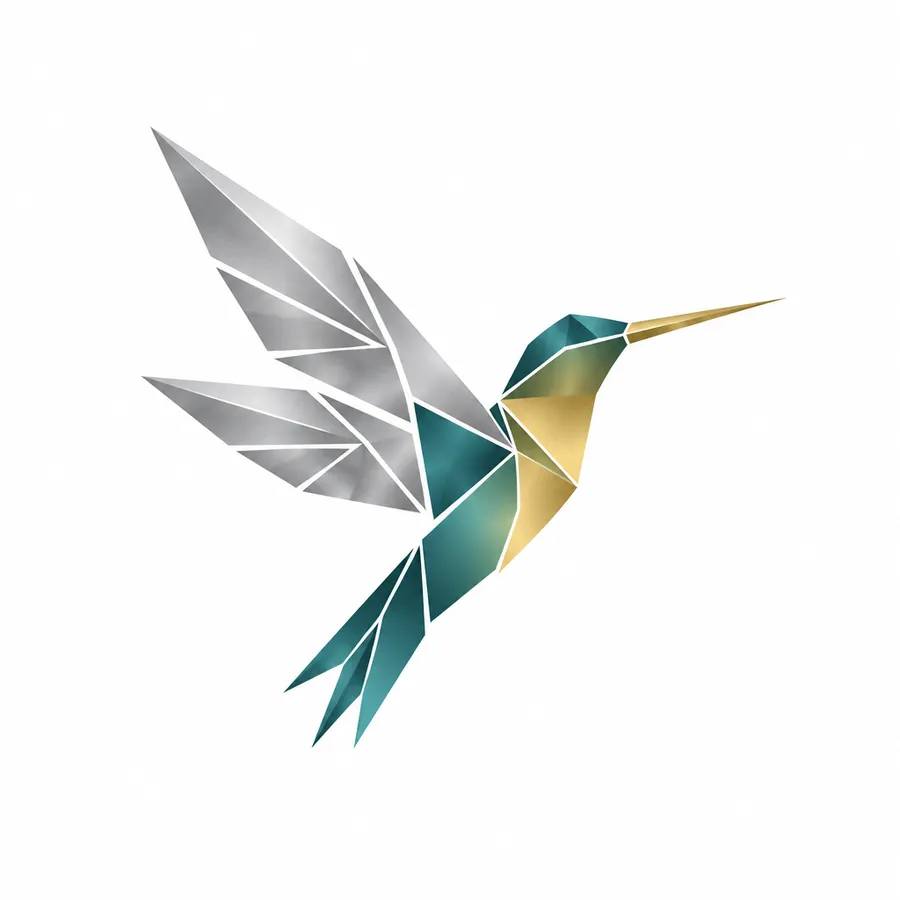 Geometric hummingbird logo mark built from triangles, teal to gold body with silver wings