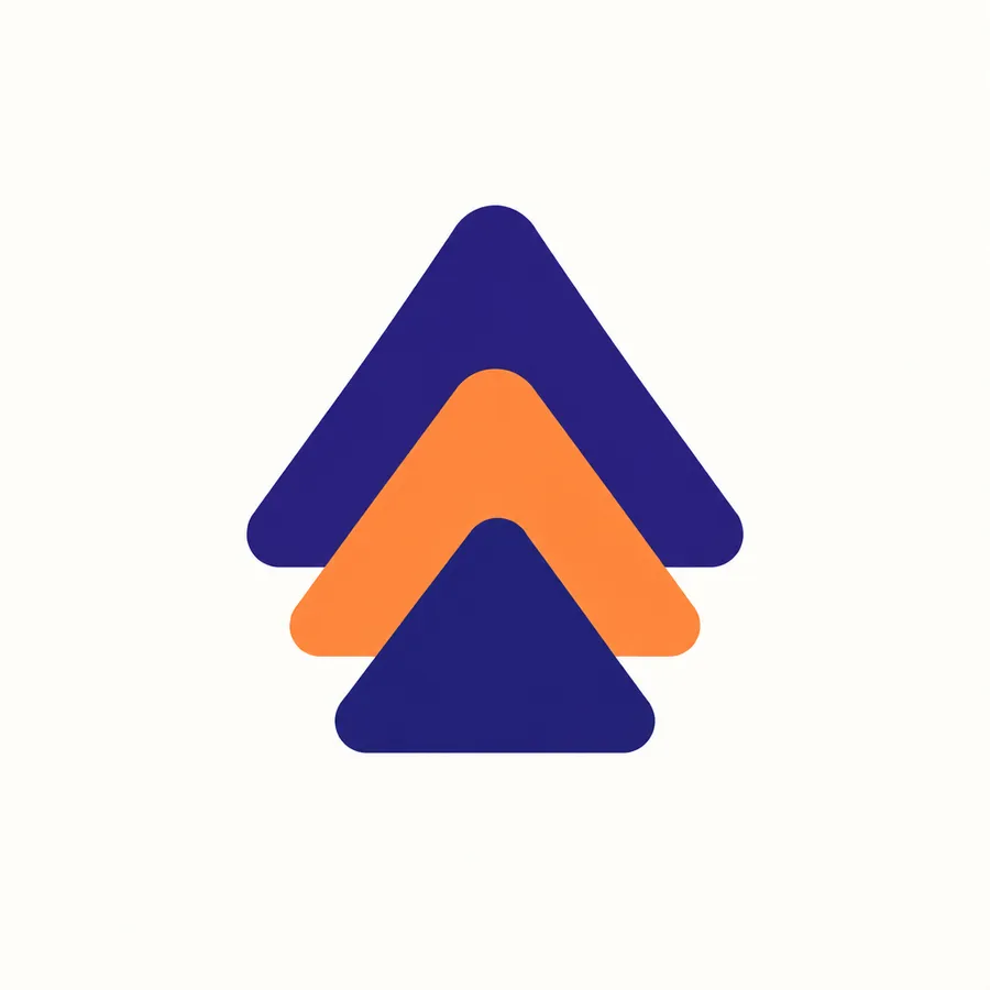 Abstract logo mark of three overlapping triangles forming an upward arrow, indigo and orange