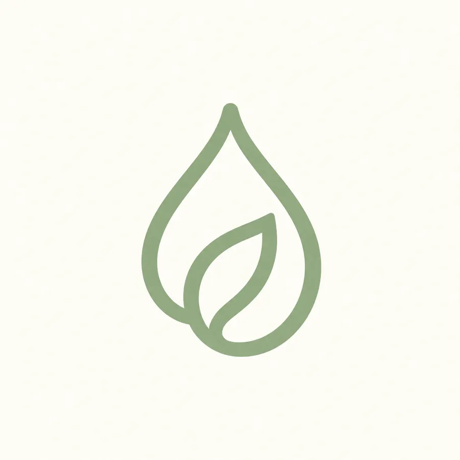 Single-line logo mark forming a leaf and a water drop in sage green on ivory