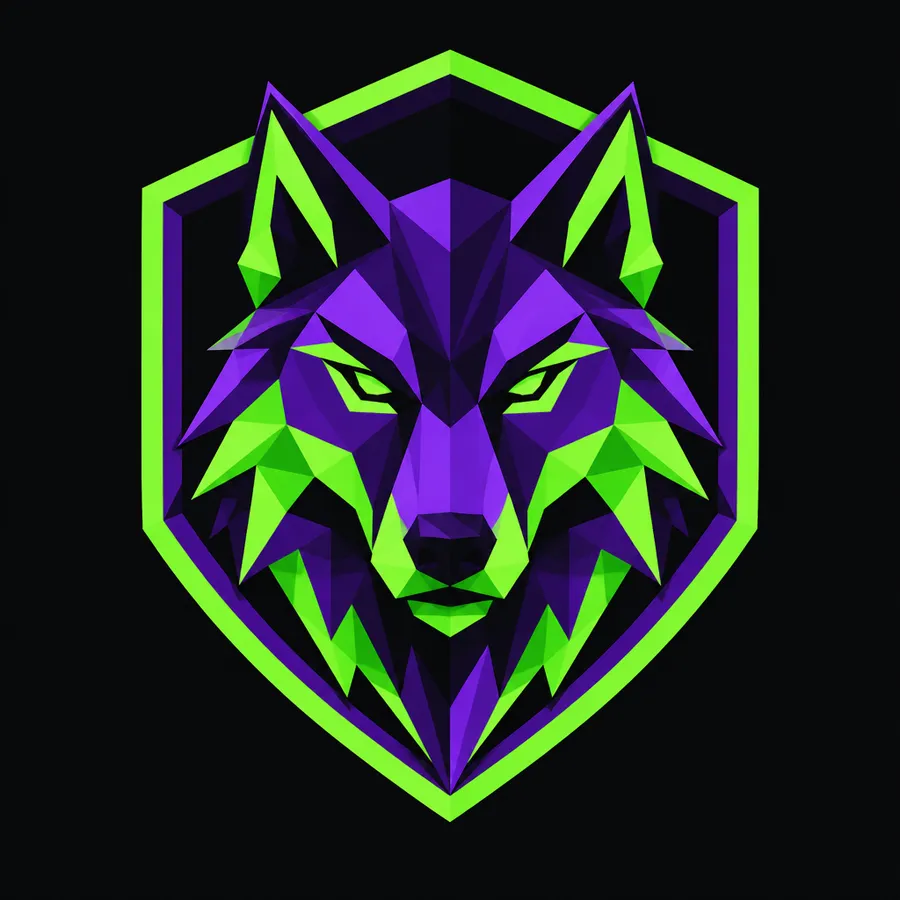 Angular wolf head logo mark inside a shield outline, purple and green on black