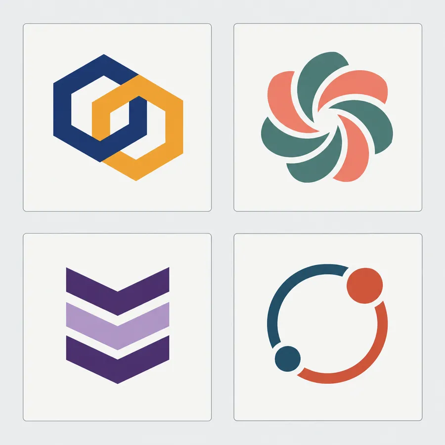 Grid of four different abstract logo marks, each in its own card and two-color palette
