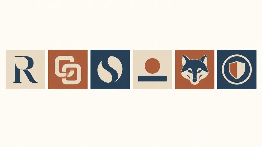 Row of six logo marks: letterform, monogram, abstract symbol, symbol with bar, fox mascot, circular emblem