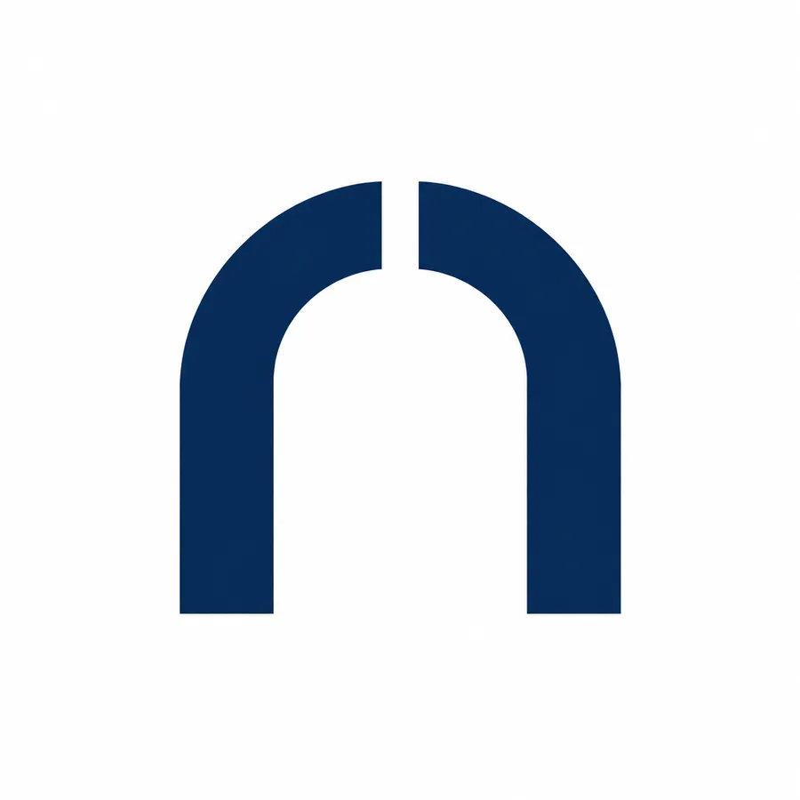 Minimal logo mark of a geometric arch made from two thick navy strokes