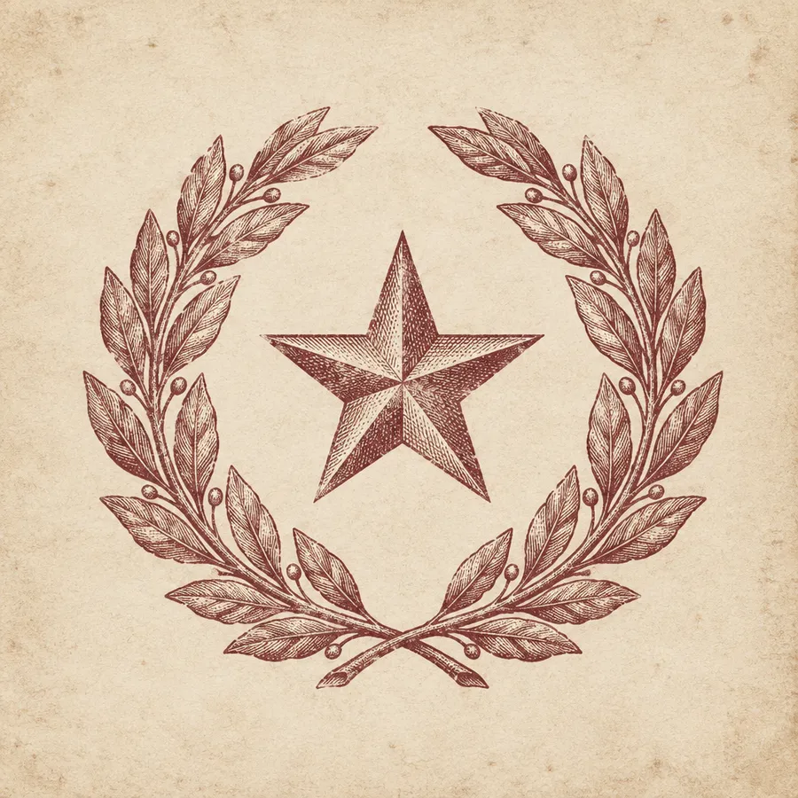 Engraved-style laurel wreath logo mark around a star, burgundy ink on cream paper