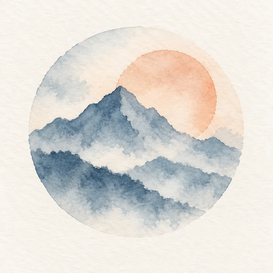 Watercolor logo mark of a mountain and sun in blue and peach washes on paper