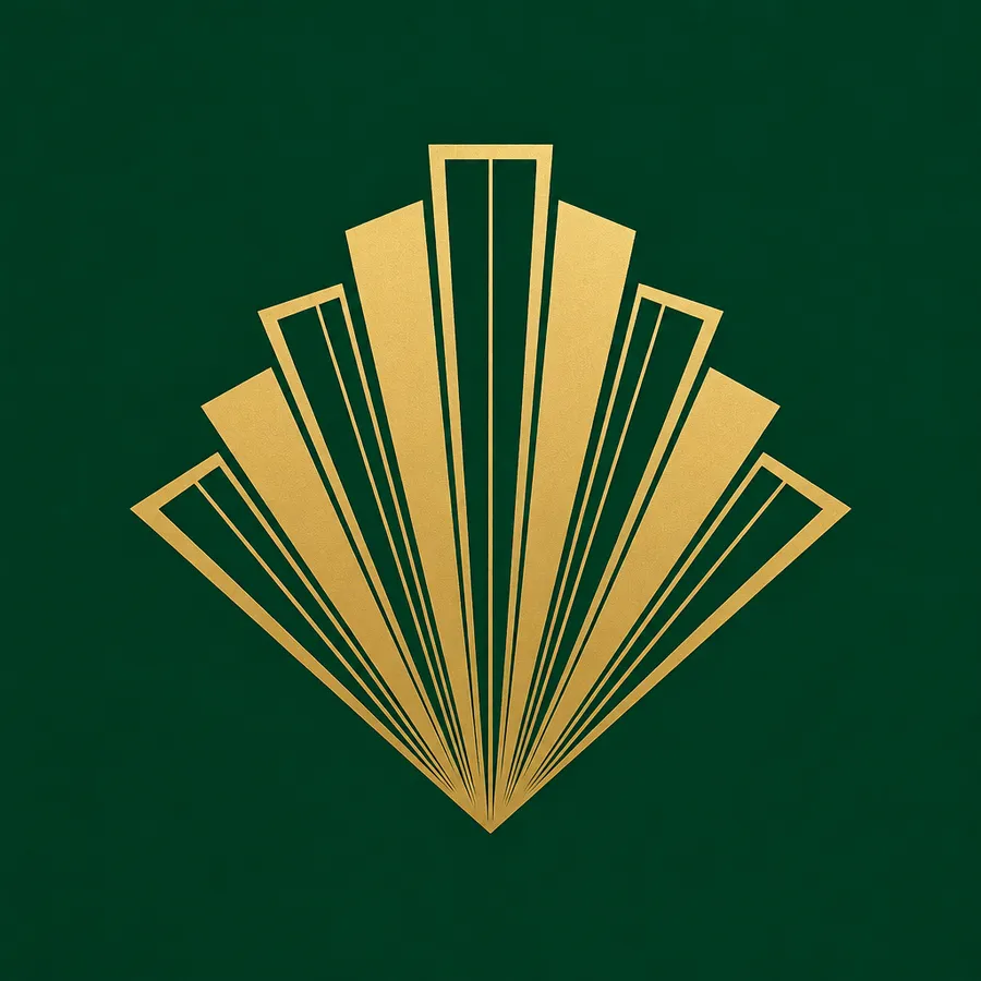 Art deco logo mark, symmetrical stepped fan shape in gold on deep emerald