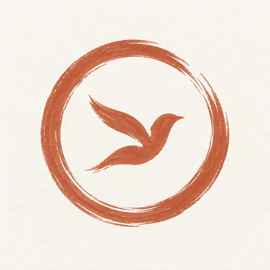 Hand-drawn circular brush stroke logo mark enclosing a small bird shape in terracotta