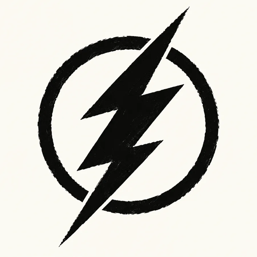 Logo mark of an angular lightning shape crossing a circle in heavy black ink