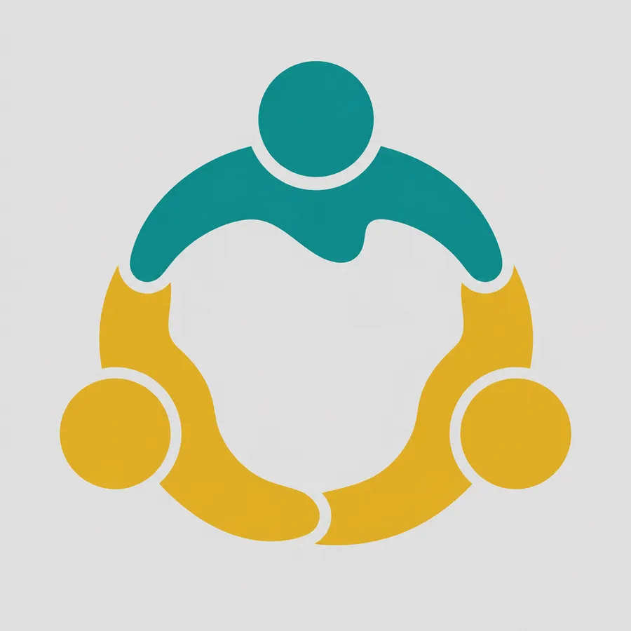 Logo mark of three rounded human silhouettes joined into a ring in teal and mustard