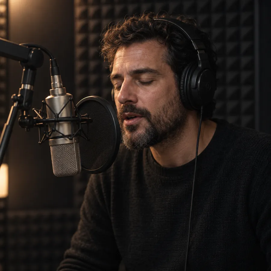 Man wearing headphones speaking into a condenser microphone in a dark acoustic-foam booth