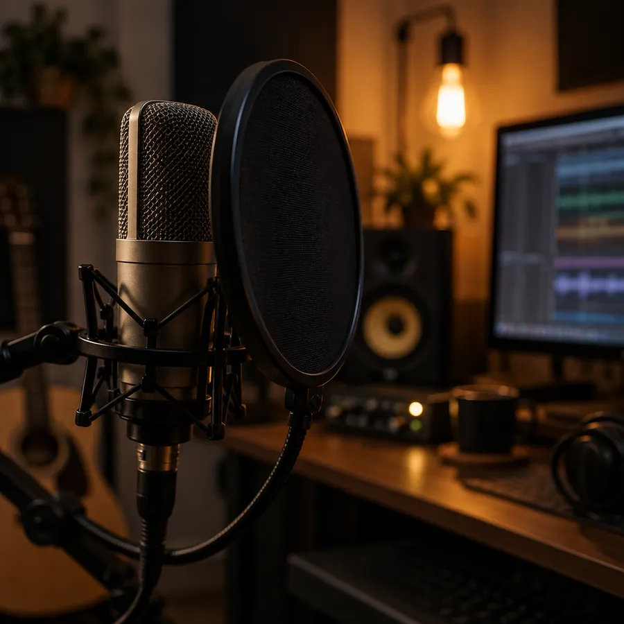 Close-up of a condenser microphone with a pop filter in front of a blurred home studio desk