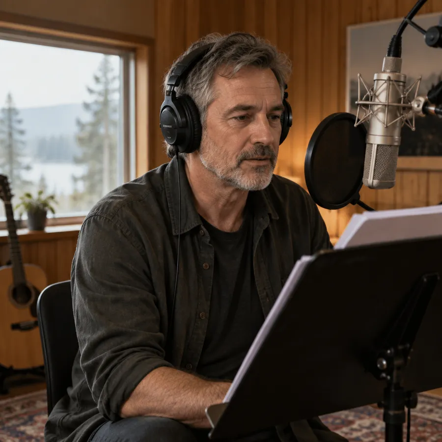 Man with headphones recording narration beside a script stand in a wood-panelled studio
