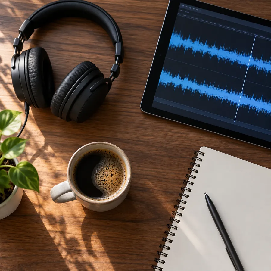 Overhead view of headphones, a tablet showing an audio waveform, a cup and a notebook on a desk