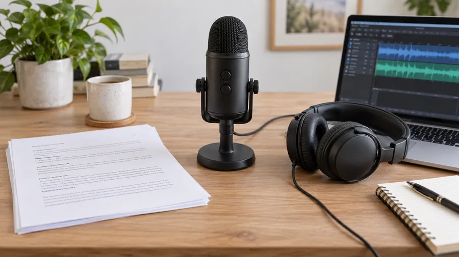 Desk with a printed script, a black USB microphone, headphones, and a laptop showing audio waveforms, illustrating the steps to generate a male AI voiceover from a script. Image generated on getimg.ai.