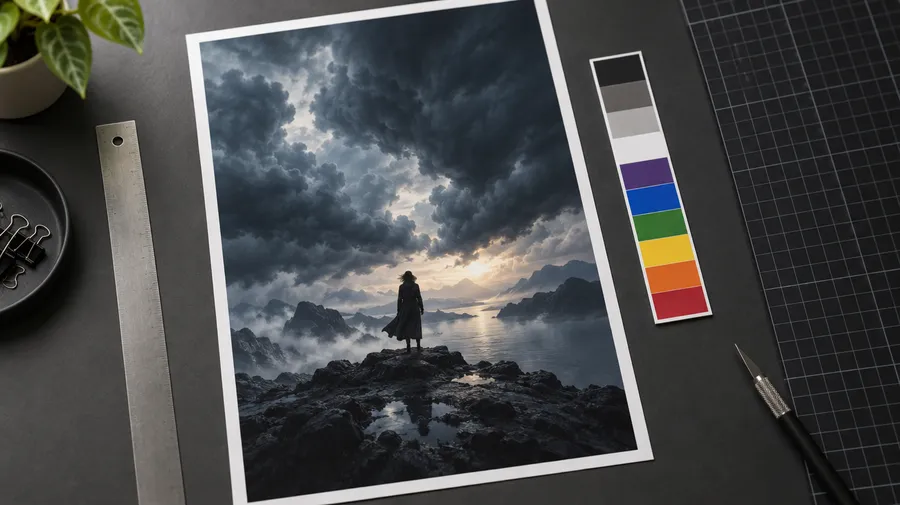 Printed poster sheet on a desk beside a ruler, colour swatch strip and cutting mat