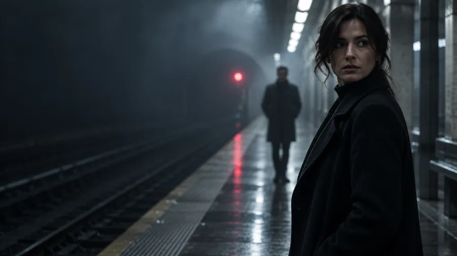 Thriller key art of a woman on an underground platform, second figure blurred behind