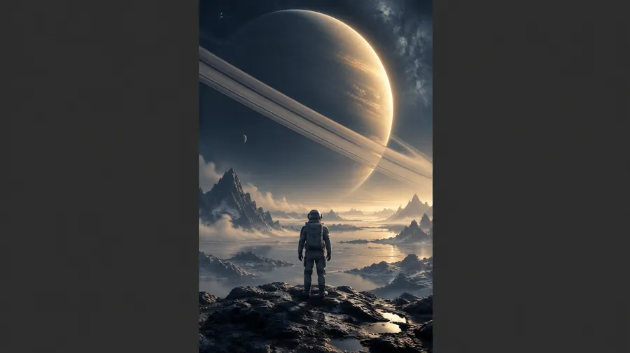 Vertical poster panel of an astronaut beneath a ringed planet on a grey background