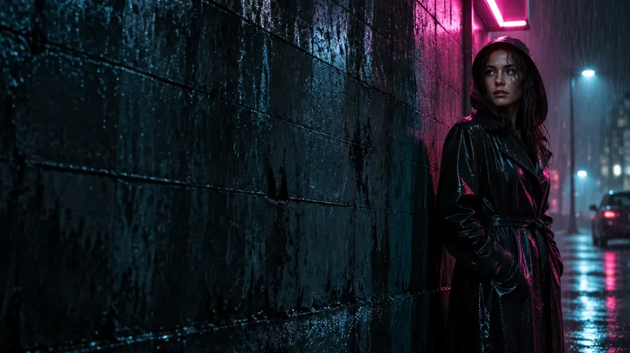Night key art with a figure under neon at right and empty wall space at left