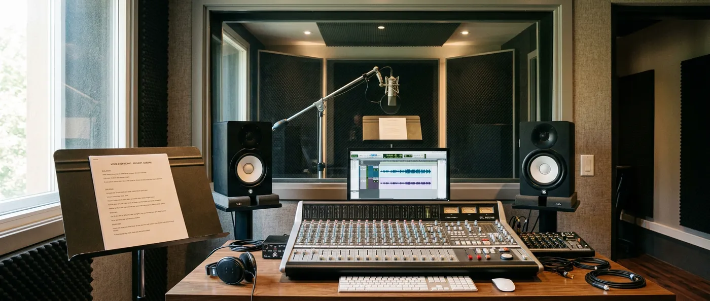 Empty professional voice-over recording studio with a vocal booth and microphone, representing the cost of hiring a studio and actor