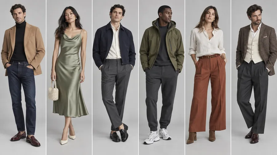 Six full-body outfit concepts including camel tailoring, sage dress, athleisure and tweed