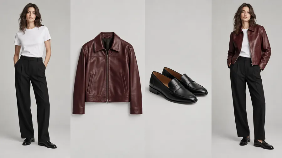 Woman, burgundy jacket and black loafers shown separately beside a combined outfit preview