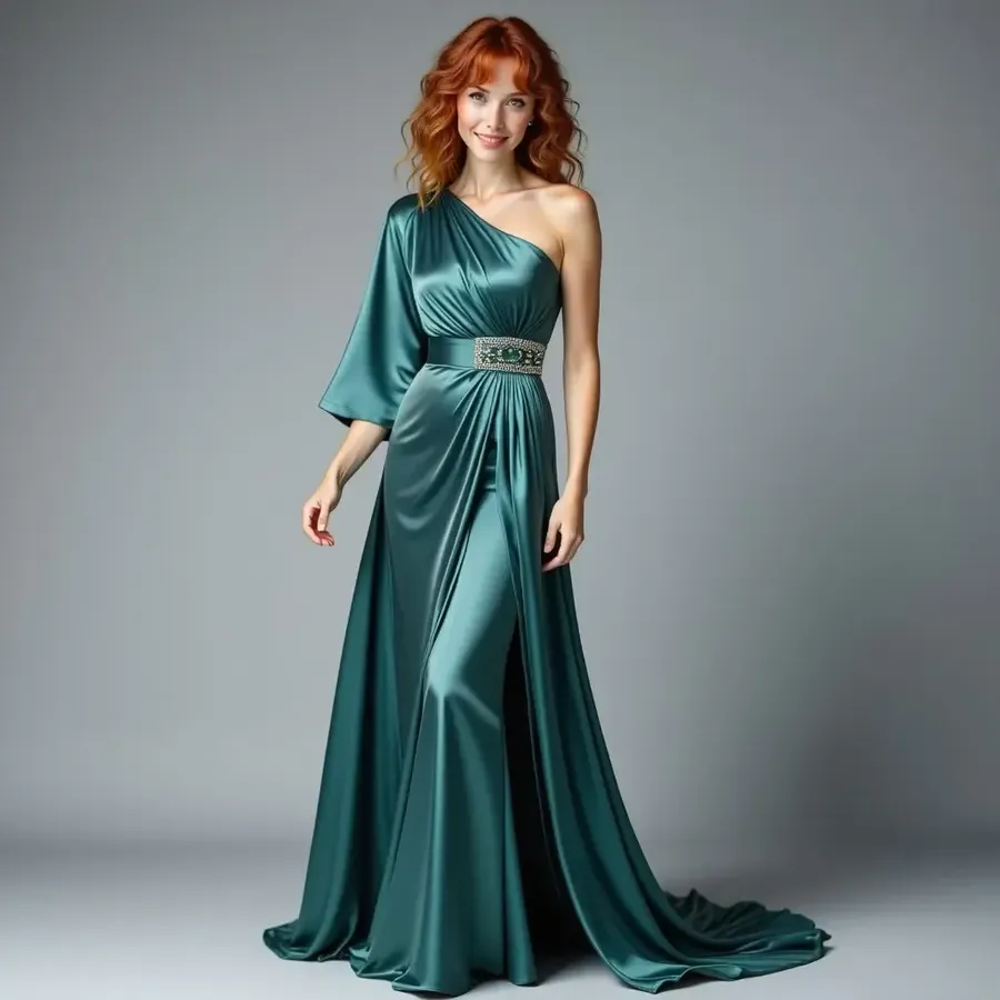 Red-haired woman wearing a teal satin evening gown with a long train