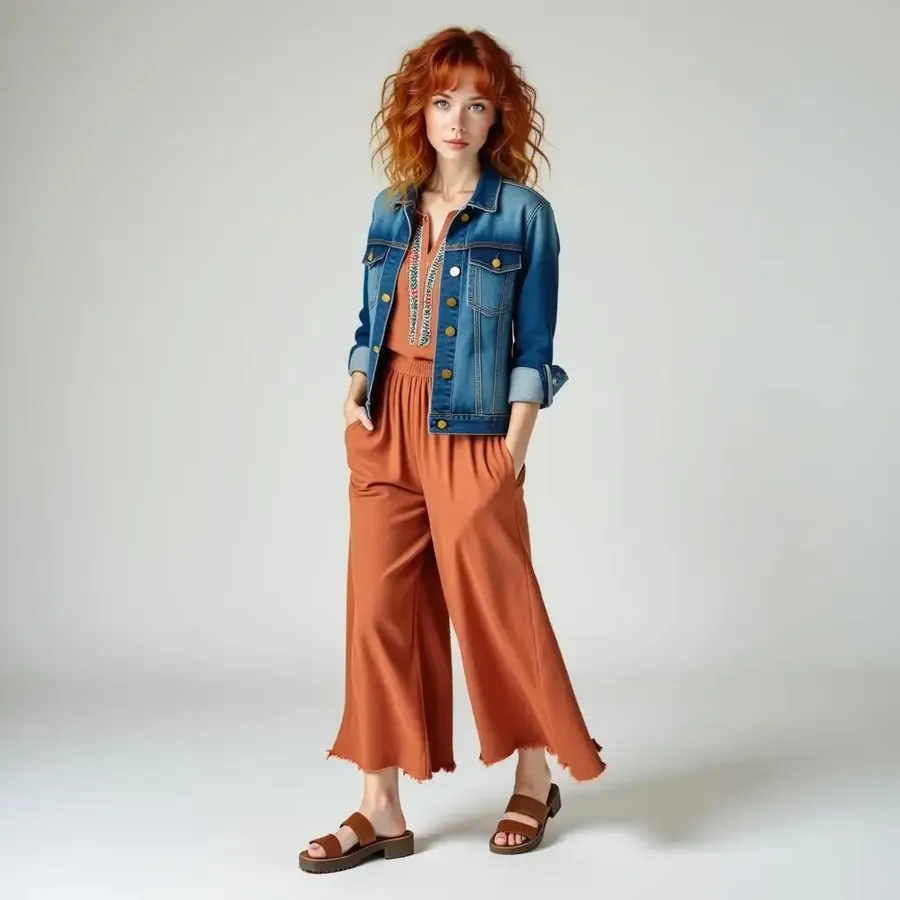 Red-haired woman in a denim jacket, rust wide-leg trousers and sandals