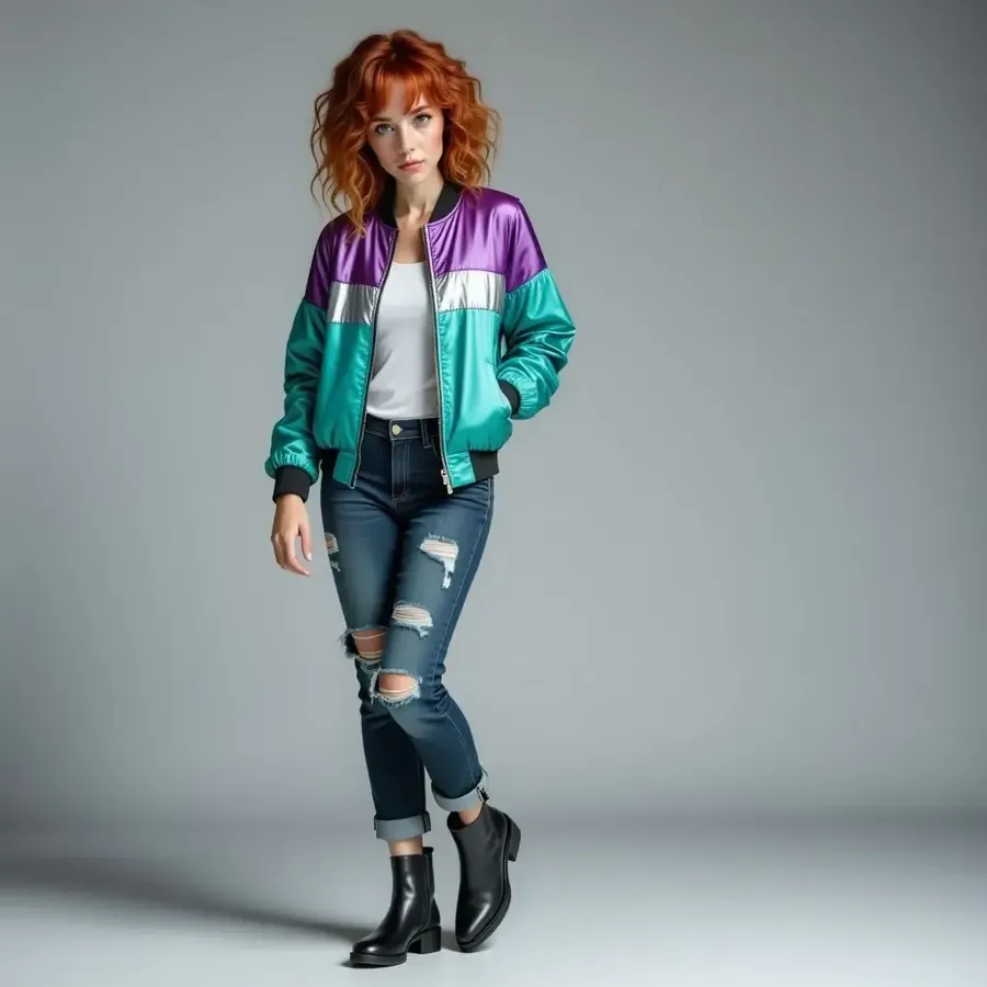 Red-haired woman in a purple and teal jacket, ripped jeans and black ankle boots